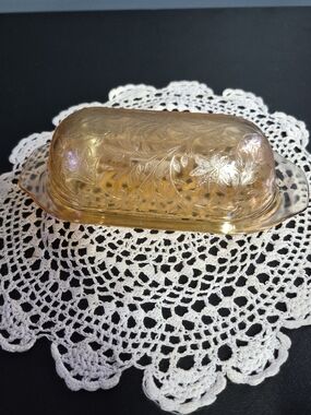Amber Iridescent Glass Butter Dish with Floral Etching